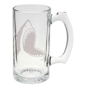 Scary Shark Hand Etched Mug 25 oz Beer Stein Glass Cup - Picture 1 of 1