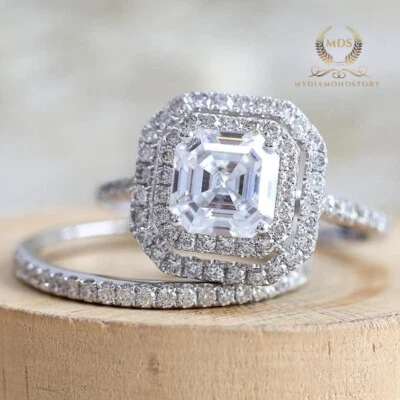 3 CT Moissanite Bridal Set Engagement Ring Solid 14K White Gold Asscher Cut VVS1 - Image 1 of 4
