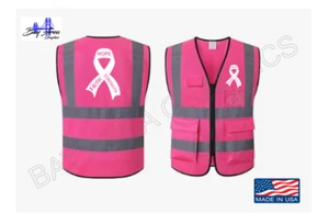 PINK HI-VISIBILITY SAFETY VEST W/CANCER AWARENESS RIBBON WH & REFLECTIVE STRIPS - Picture 1 of 6