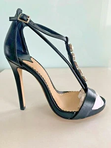NEU DER VERKÄUFER Damengröße 5 schwarz Leder T-Riemen Party Sandale Pumps Schuh ITALIEN - Bild 1 von 8