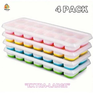 Extra-Large Set 4 Silicone Ice Trays – 14 Giant Ice Cube Molds, with Lids - Picture 1 of 20