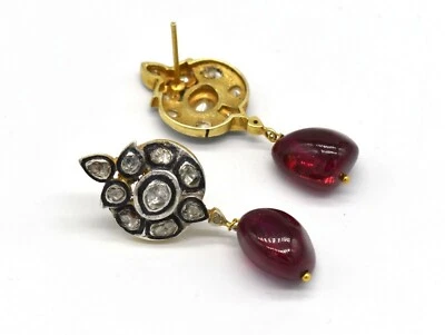 Polki Diamond Ruby Gemstone Earrings 925 Sterling Silver Drop & Dangle Earrings - Image 1 of 4
