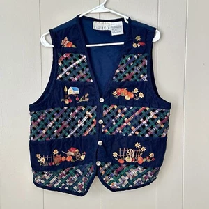 Vtg Casey & Max Embroidered Corduroy Vest Sz XL Blue Plaid Fall Autumn Lattice - Picture 1 of 11