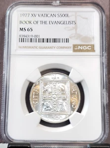 1977 VATICAN SILVER 500 LIRE BOOK OF THE EVANGELISTS NGC MS 65 BEAUTIFUL GEM BU - Picture 1 of 3