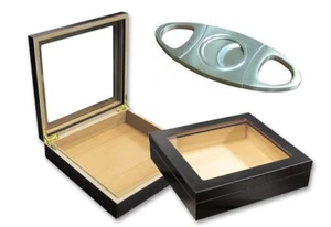 Humidor con piano in vetro nero CIGAR 20 ct con taglierina in metallo papà e gradi starter set - Foto 1 di 9