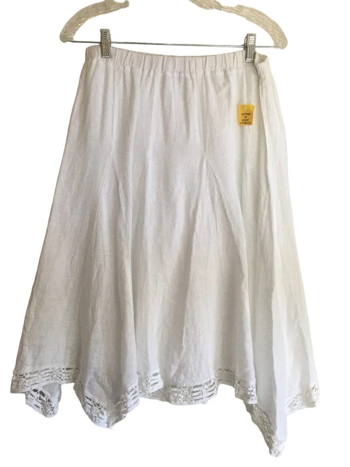 Saia Russ Berens Feminina Tamanho Médio Linho Branco Elástico Lagenlook Acabamento em Renda NOVA - Imagem 1 de 4