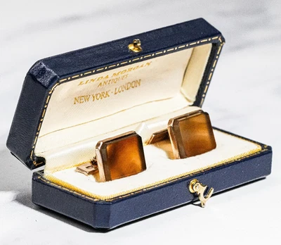 Gemelos clásicos de lujo ingleses brillantes antiguos de piedra de cuarzo ahumado de oro de 9 quilates Foto 1 de 4