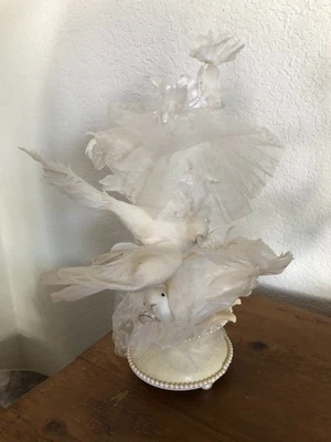 2 WHITE LOVE BIRDS DOVES with ring WEDDING CAKE TOPPER 10" tall - Image 1 of 4