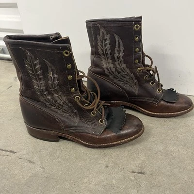 Larry Mahan Women’s Leather Granny Riding Lace Up Leather Boots 6.5 M Brown - Image 1 of 4