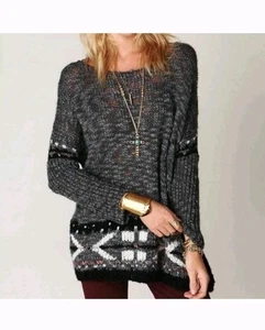 Free People Fair Isle Gray Knit Sweater Women's Size Large  - Picture 1 of 16