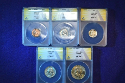 1950 US SILVER PROOF SET ANACS CERTIFIED PROOF SET PF-62RED/63/64/64/64!   #150 Cover