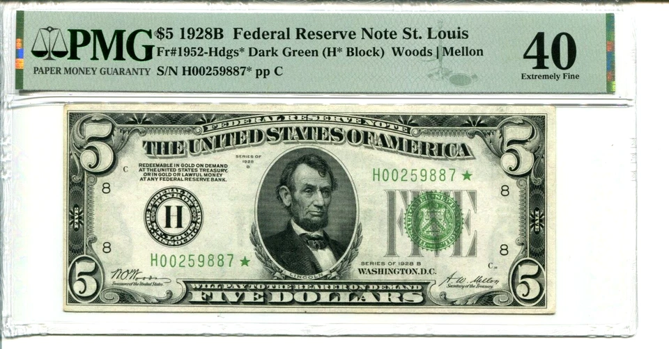 FR 1952-H* STAR 1928B $5 Federal Reserve Note PMG 40 EXTREMELY FINE - Image 1 of 2