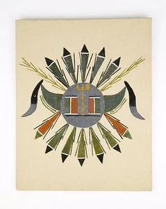 Pintura de arena navajo Chiricahua al sol firmado por L Jensen arte nativo americano Ikaah - Imagen 1 de 4