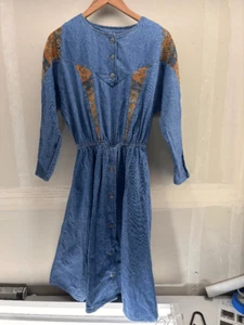 Vintage Mass Denim Dress Beaded Southwest Aztec Pattern Size M Cowgirl Prairie - Picture 1 of 9