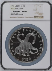 1993 Liberia 500g Half Kilo S$150 Brachiosauros NGC PF67UC Mintage 121 Only - Picture 1 of 3