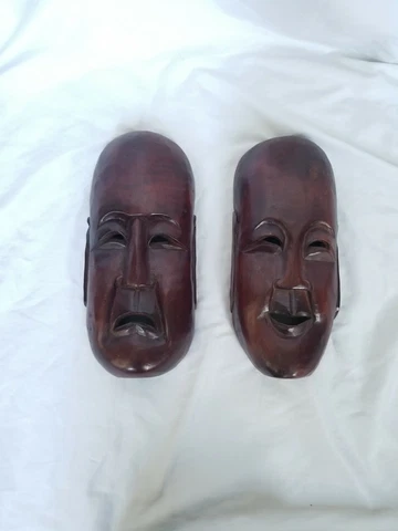 Vintage/antique Oriental Japanese(?)noh Happy/Sad theatre Wood Masks pair decor Cover