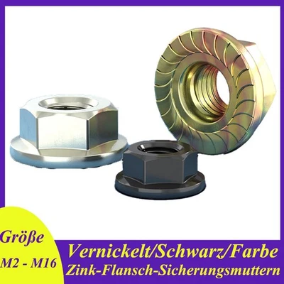 M2 -M16 Vernickelt/Schwarz/Farbige Zinc Sechskantflansch Selbstsichernde Muttern - Bild 1 von 4