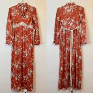 VTG 70s Maxi V-neck Cottagecore Boho Wedding Prairie Gypsy Lace Floral Dress - Picture 1 of 11