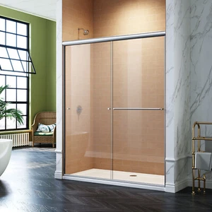 SUNNY 48" W x 72" H Sliding Shower Door 1/4 Clear Tempered Glass Brushed Nickel - Picture 1 of 10