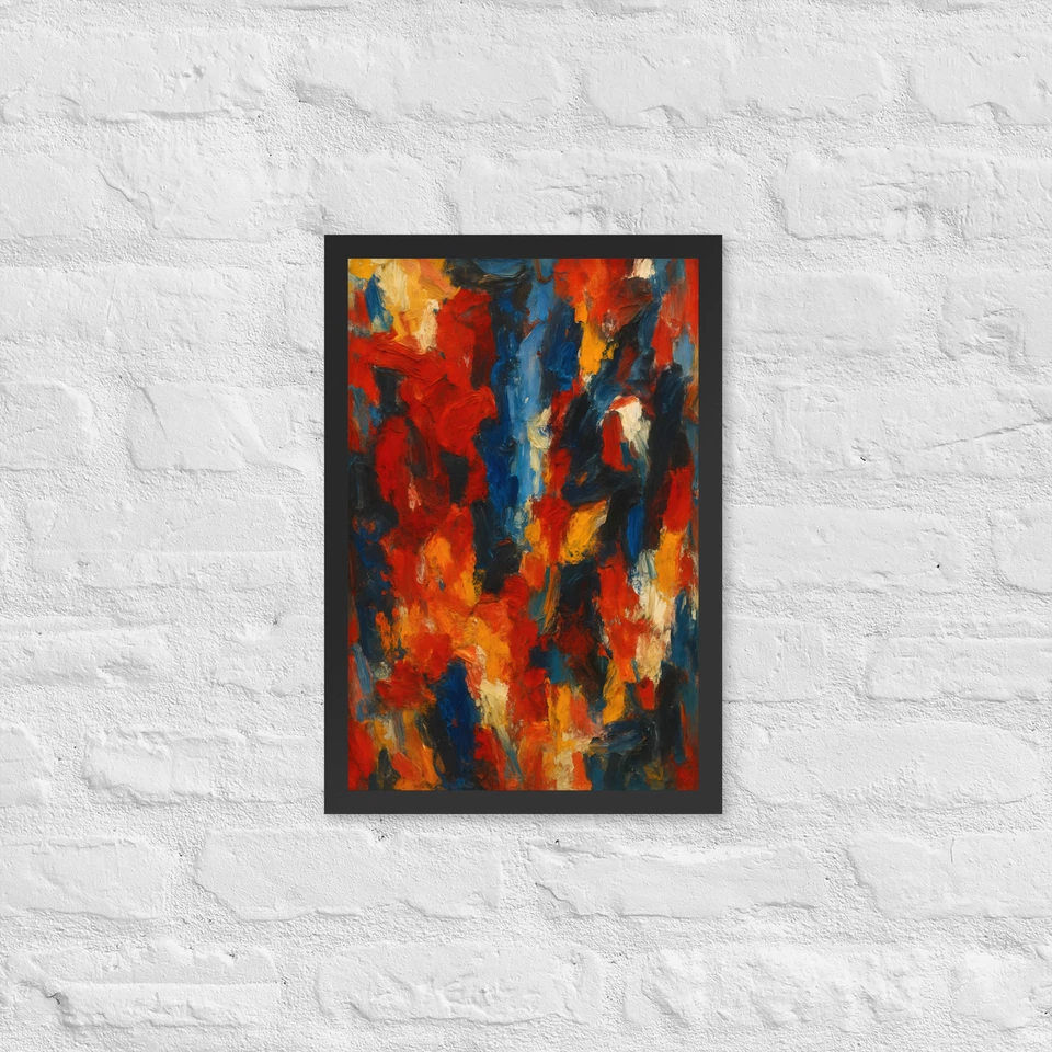 Framed 12" x 18" Abstract Poster Red Blue Orange Modern Expressionist Wall Art - Image 1 of 1