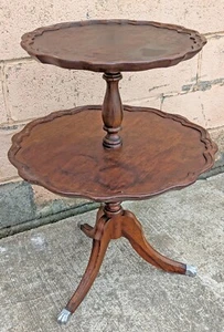 Antique Vintage SOLID Walnut Wood 2 Tier Pie Crust Butler Dumbwaiter Table Stand - Picture 1 of 7