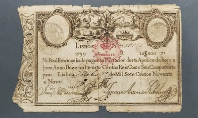 PORTUGAL Apólice Real Erário 12$800 REIS 1799 Stamp D. Pedro IV 1826 Paper Money - Image 1 of 4
