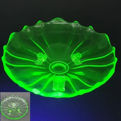 Uranium Glass Green Ruffle Edge Candy Dish 3 Footed 6.75" Vintage UV Glow - Image 1 of 4