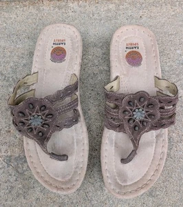 Earth Spirit Hickory Beaded Leather Boho Flip Flop Thong Womens Size 8 Sandals - Picture 1 of 14