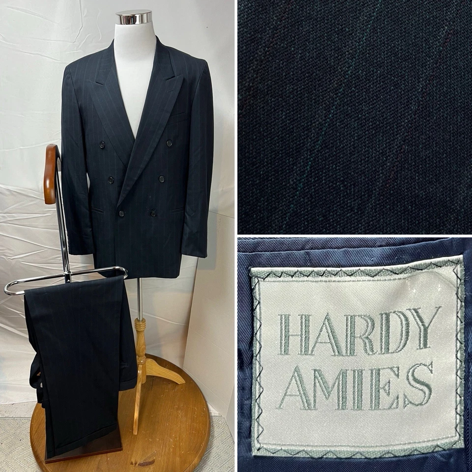 Blazer Hardy Amies Vintage 42L 34x32 Pantalones Azul Rayas Doble Pecho Traje Foto 1 de 4