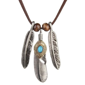 Vintage Turquoise Antique Silver Feathers Shape Pendant - Picture 1 of 6