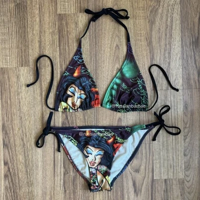 Conjunto de Bikini ED HARDY Vintage Y2K Raro Negro Diablo Mujer Rosa Cuerda Triángulo Edgy Foto 1 de 4