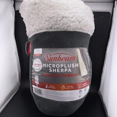 Sunbeam Microplush Reverse Sherpa Heated Throw Blanket 4 Heat Settings 50” x 60” - Image 1 of 3