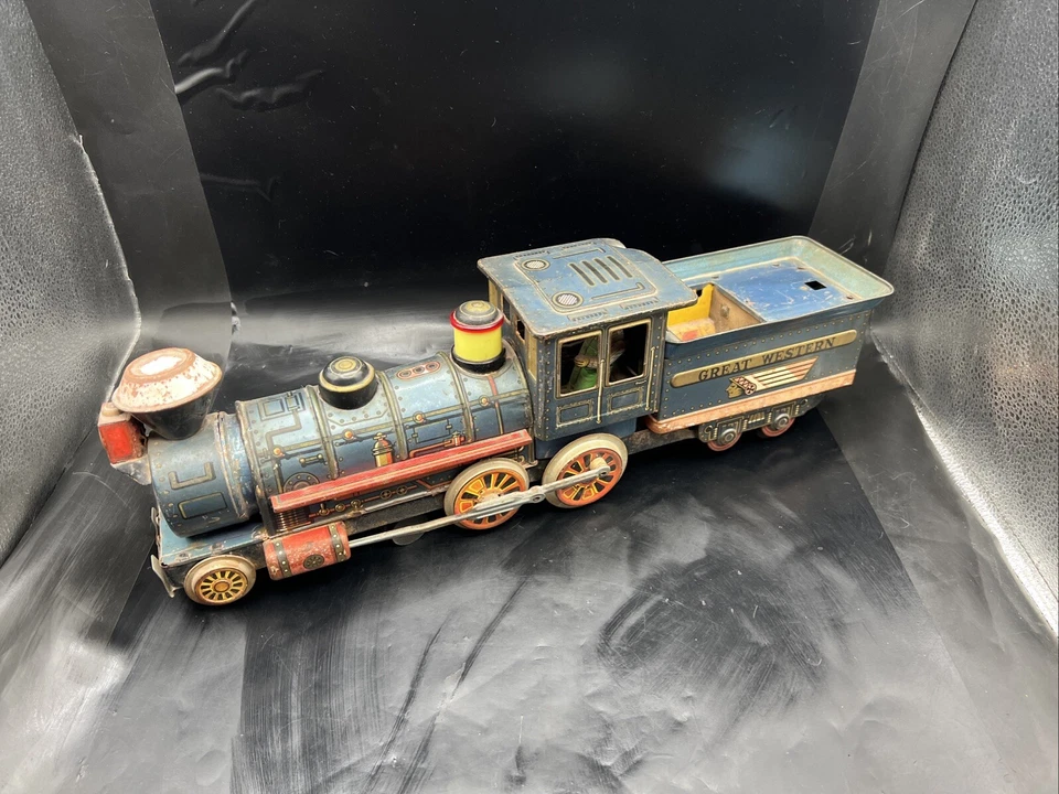 Motor de tren litografía de hojalata Great Western vintage hecho en Japón sin probar 4 piezas Foto 1 de 4