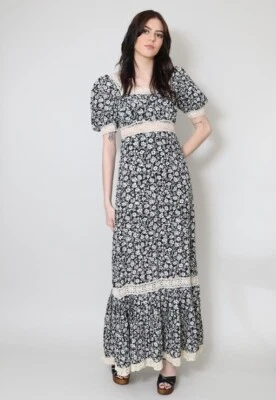 Maxi Vestido Vintage Años 70 Negro Blanco Floral Manga Corta Crema Crochet Boho Folk Foto 1 de 4