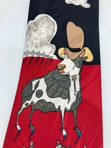 Vintage Mens Neck Tie Cowboy Ranch Cow Wearing Hat Designs by A Rogers - Picture 1 of 9