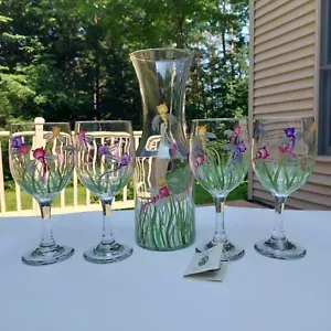 New Artistic Hand Painted Set Carafe 4 Stemmed Wine Water Glasses Dragonfly 12oz - Picture 1 of 10
