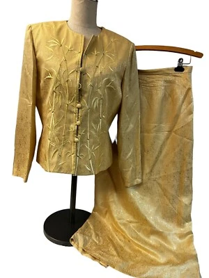 Adrianna Pappel Mujer Talla 10 Amarillo 100% Seda Chaqueta,Falda Traje Formal Foto 1 de 4