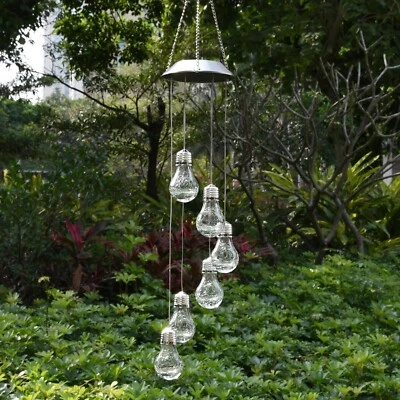 Bombilla LED solar transparente de vidrio agrietado carillón de viento móvil decoración de jardín Foto 1 de 4