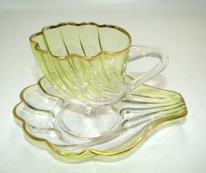 Moser Bohemian Glass Green Shaded Shell Cup & Saucer - Picture 1 of 1