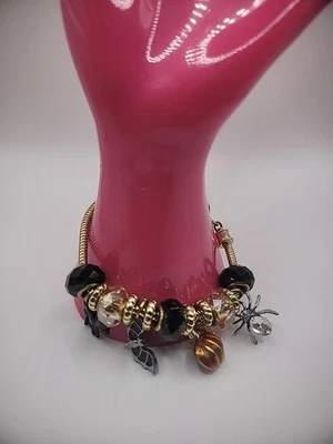 Vintage Bracelet Halloween Silver Tone Black Cat Pumpkin Charm Spider Jewelry - Image 1 of 4