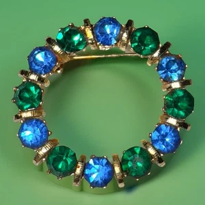 Vintage Blue Green Rhinestone Circle Brooch Gold Tone Open Circle Wreath Pin - Picture 1 of 3