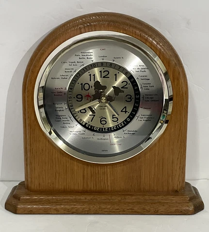 Vintage VERICHRON GMT World Time Quartz Mantel Wooden Clock Red Airplane Working Cover