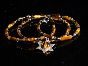 Necklace of Tiger Eye and Vintage Filigree Sterling Silver Star of David with Ti - Picture 1 of 8