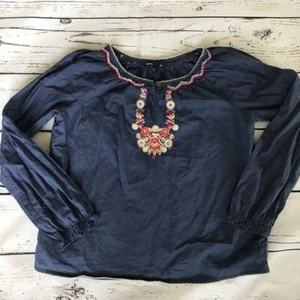 GapKids Shirt Girls Medium Embroidered Navy Long Sleeve Floral Top Blouse - Picture 1 of 4