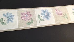 Village Prepasted Wallpaper Border Flowers Violet Blue Cream Floral Vinyl  5 yd - Picture 1 of 8