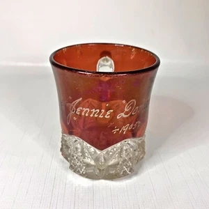 Antique Ruby Flash Souvenir Mug Cup Jennie Dorian 1905 Red Stain Etched Pressed - Picture 1 of 6