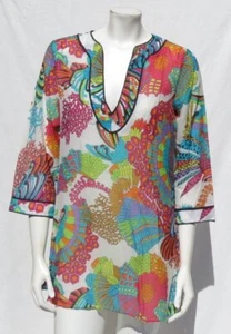 TRINA TURK USA M Pink Orange Green Bold Print Cotton Silk Long Tunic Top Shirt - Picture 1 of 6