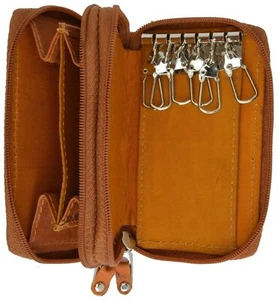 Genuine Leather Men's Key Holder Double Zip around 6 Key Chain Wallet Case Tan - Picture 1 of 3