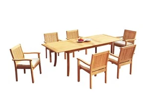 A-Grade Teak 7pc Dining 94" Rectangle Table 6 Leveb Stacking Arm Chairs Set - Picture 1 of 6