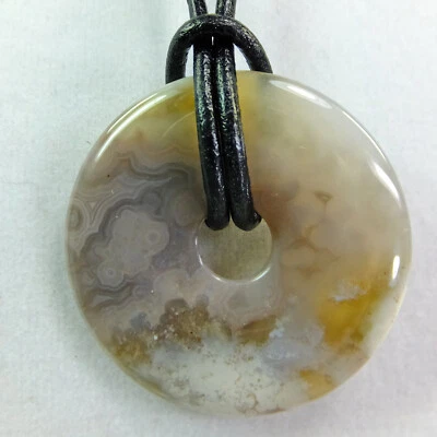Grey Lavender White Agate 1 3/8" Stone Donut 22" Leather Cord Necklace New #111 - Image 1 of 3